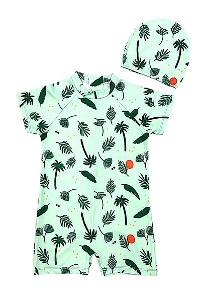 Lolliboomkids New Season Unisex Children's Green Color Leaf Pattern Short Sleeve Zipper Closure Swimsuit