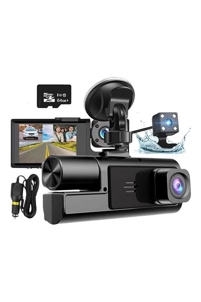 e-Wantay Triple Car Camera 1080P, GPS, WiFi, Night Vision, 170° Front, 64GB Card, 2" IPS Screen
