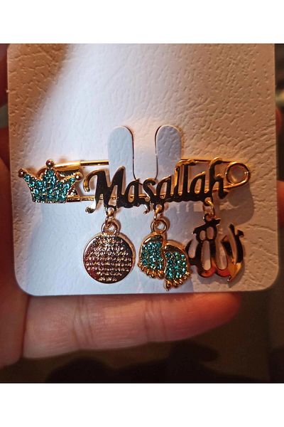 Serap Yılmaz Sahi 14 Carat Gold Plated Baby Collar Pin with Mashallah Written Blue Stone 5 Cm Tysysh0007
