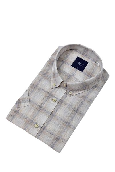 KAMER Men's Classic Plaid Short Sleeve Shirt Cotton Linen 9486 Bgl-St04584