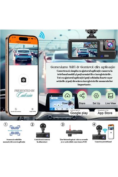 e-Wantay Triple Car Camera 1080P, GPS, WiFi, Night Vision, 170° Front, 64GB Card, 2" IPS Screen