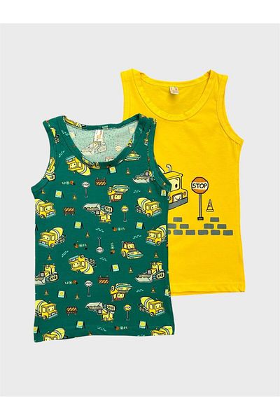 elmas kids Boy's Cotton Yellow Green Color Work Machine Patterned 2-Piece Undershirt Set