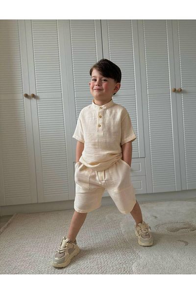 MİO Boys' Cotton Shorts Shirt Suit Summer Relaxed Fit