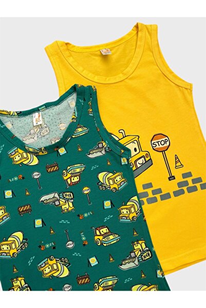 elmas kids Boy's Cotton Yellow Green Color Work Machine Patterned 2-Piece Undershirt Set
