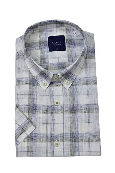 KAMER Men's Classic Plaid Short Sleeve Shirt Cotton Linen 9339 Bgl-St04586
