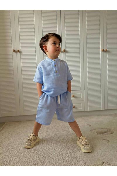 MİO Costum cămașă pentru băiat, cu pantaloni scurți din bumbac, cu croiala relaxată de vară
