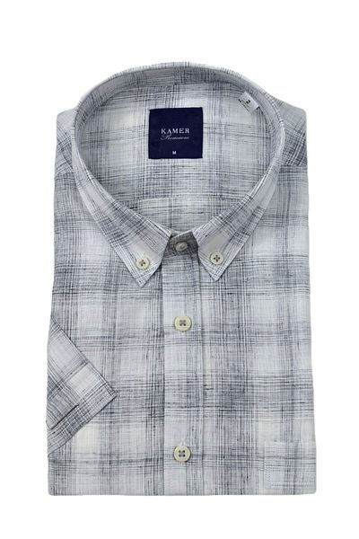 KAMER Men Classic Plaid Short Sleeve Shirt Cotton Linen 9343 Bgl-St04585