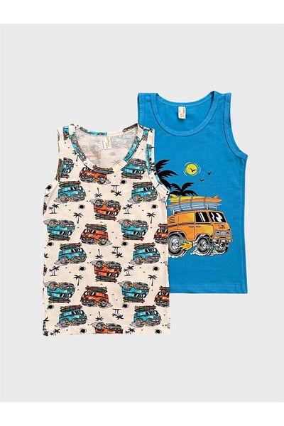elmas kids Boy's Cotton White Blue Car Palm Patterned 2-Piece Undershirt Set