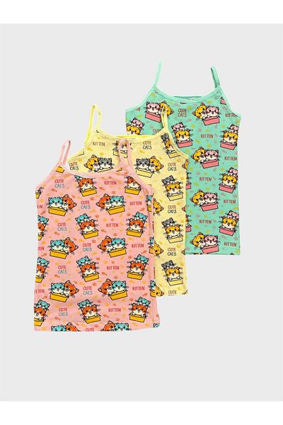 elmas kids Girl's Cotton Yellow Pink Green Cat Patterned 3-Piece Undershirt Set