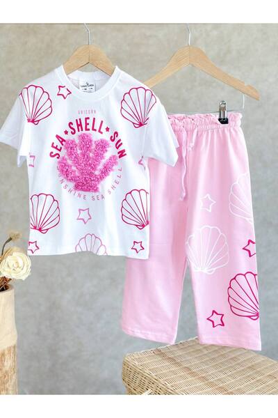 MİO Girl's Cotton Embossed T-Shirt and Pink Patterned Sweatpants Set