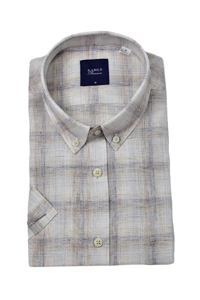 KAMER Men's Classic Plaid Short Sleeve Shirt Cotton Linen 9486 Bgl-St04584