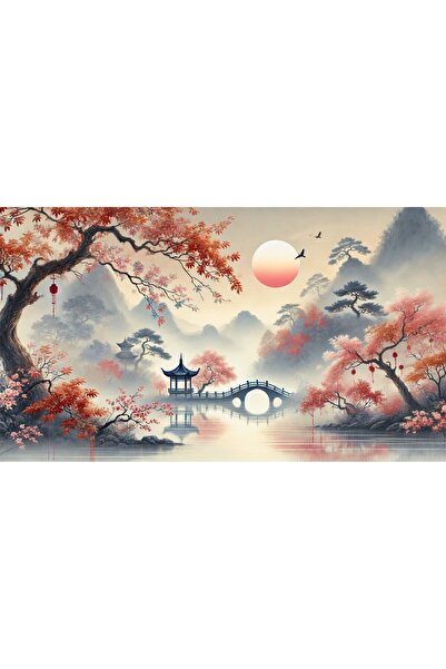 ve Tablou Canvas living, Peisaj in Japonia, ceata, pasari munti, lac, padure,...