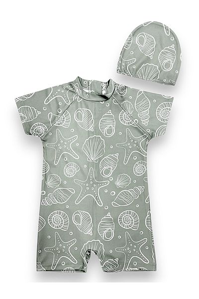 Lolliboomkids Boy's Grey Color Sea Creatures Print Pattern Short Sleeve Full Body Swimsuit Set