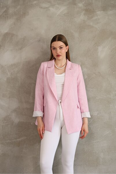 Ekim Store Keten İç Astarlı Çizgili Blazer Ceket