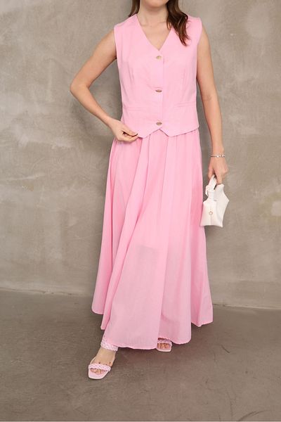Ekim Store Linen Buttoned Double Breasted Blazer Vest and Skirt Suit