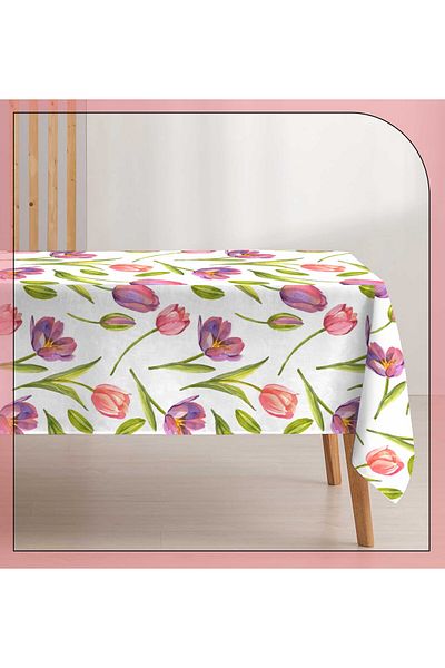 Razz Moda White and Colorful Table Cover with Colorful Tulip Pattern
