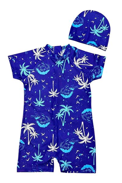 Lolliboomkids Boy's Navy Blue Color Palm Print Pattern Short Sleeve Full Body Swimsuit Set