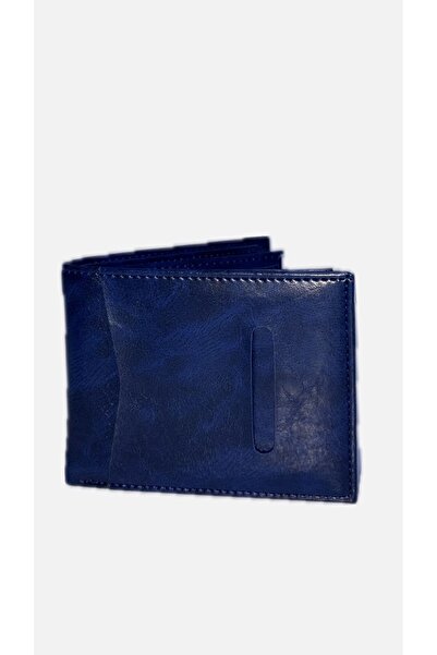 Omarder Deri Navy Blue Faux Leather Men's Wallet with Transparent Compartment