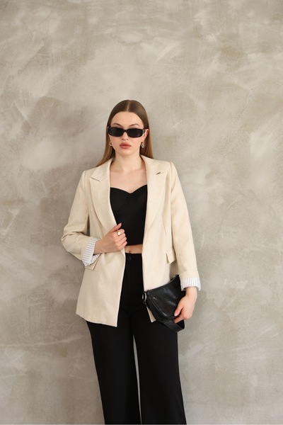 Ekim Store Keten İç Astarlı Çizgili Blazer Ceket