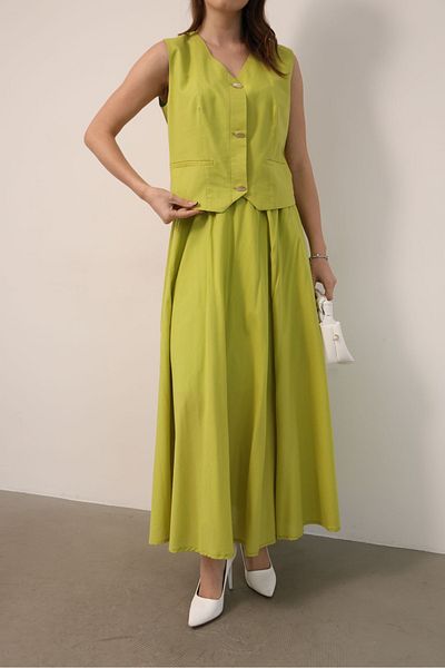 Ekim Store Linen Buttoned Double Breasted Blazer Vest and Skirt Suit