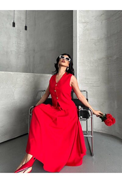 Ekim Store Düz Etekli Ikili Blazer Yelekli Takım