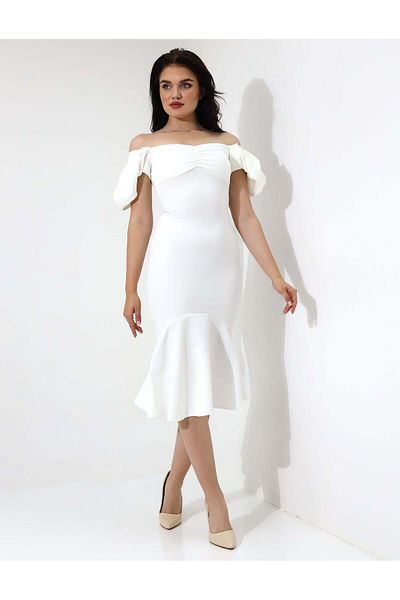 Stayele Elegant Off Shoulder Midi Dress with Puff Sleeves – White