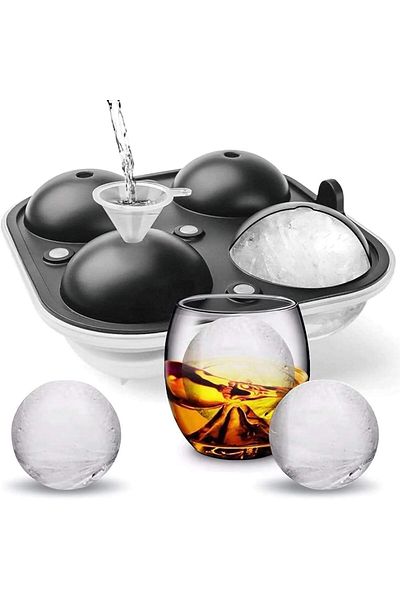 Generic Aputue Large Ice Cube Trays, 2.5 In Flexible 4 Ice Balls Maker with Funnel, Round Silicone Ice Cube