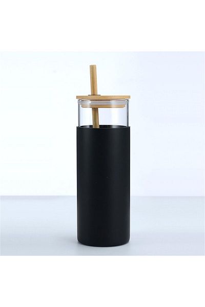 Generic SYOSI Glass Tumbler with Straw and Bamboo Lid and, 600ml Creative Chic Drinking Cup, Transparent St