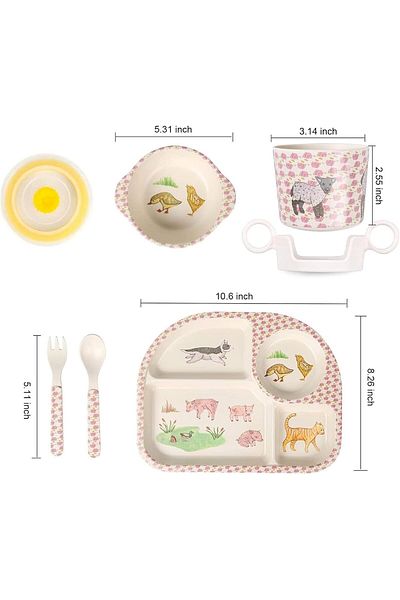 Generic SupWolf 5Pcs/Set Bamboo Kids Dinnerware Set - Children Dishes - Food Plate Bowl Cup Spoon Fork Set