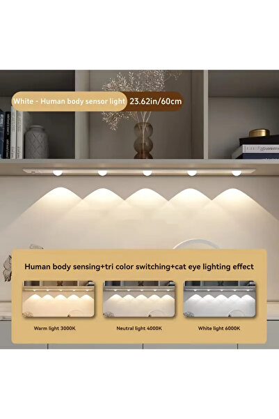 Neovista 60 Cm Beyaz 4w Slim Led Kabin Armatürü Hareket Sensörlü Dekoratif Gece Lambası Usb Şarjlı Aydınlatma