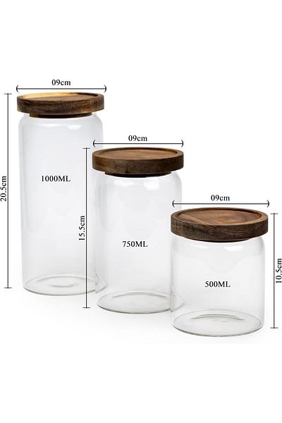 Generic Cuisine Art Round Glass Storage Jars with Acacia Wood Lids -Set of 3 Transparent Borosilicate Airti