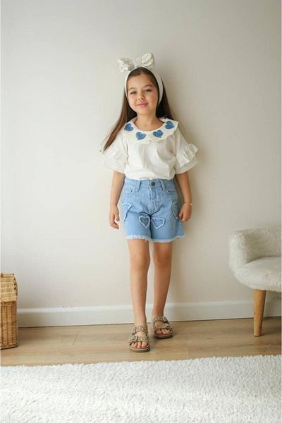 KOKOŞ BEBEK Heart detail denim shorts set