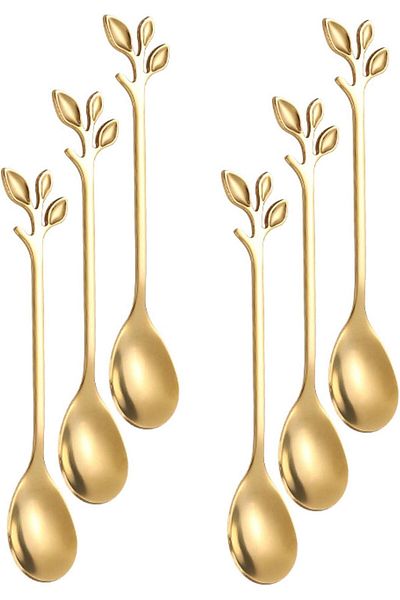 Generic Turbokey Gold Leaf Coffee Spoon Set of 6, Ice-Cream Tea Stirring Spoons 4.7 Inches Retro Dessert De