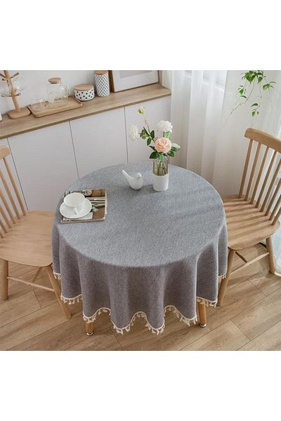 Generic Tazweeq Round Linen Tablecloth, Rustic Durable Dustproof Tassel Table Cover, Suitable for Kitchen,
