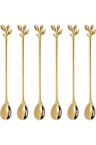 Generic Oasisgalore Long Handle Iced Tea Spoons Set,Stainless Steel Gold Leaf, Creative Stirring Spoons, Cr