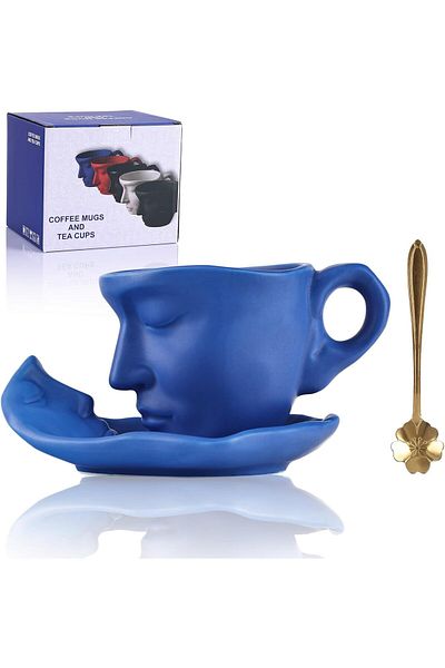 Generic oliruim Blue Coffee Cup and Saucer Set - Ceramic Unique Kissing 8.5 oz Coffee Mug Set with Spoon, F