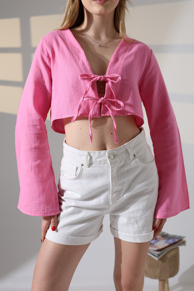 Buklemoda Διπλό δέσιμο Λεπτομέρεια Μουσελίνα Μπλούζα Ροζ