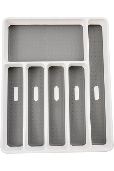 Generic Oasisgalore Silverware Organizer, 6 Compartment Plastic Cutlery Tray, Non-slip TPR Lining, Grey Met