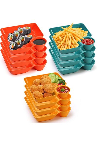 Generic Tazweeq Chip Dip Serving Platter Set, 12pcs Plastic Dumpling Plates with Sauce Compartment for Appe