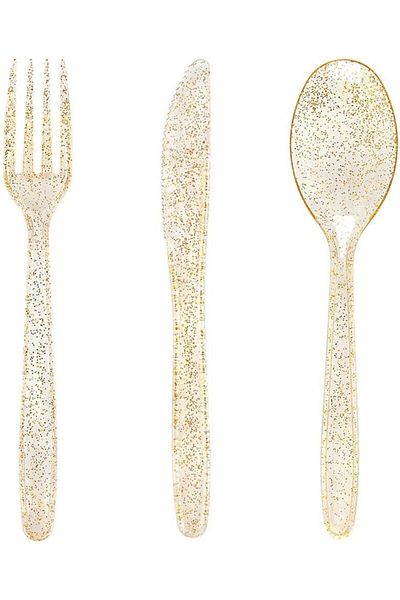 Generic NALACAL 30 Pieces PVC Plastic Knife and Fork Cutlery Set,Disposable Gold Glitter Plastic Tableware