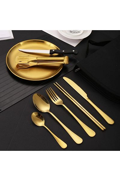 COOYA 10Pcs Picnic Eating Utensils Set, Mess Kit Stainless Steel Plates Spoons Knives Forks(Gold)