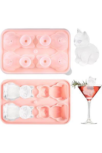 Generic YRQX Cat Shaped Silicone Ice Cube Tray and Molds with Funnel-Type Lid, 4 Hole Silicone Ice Cube Mou