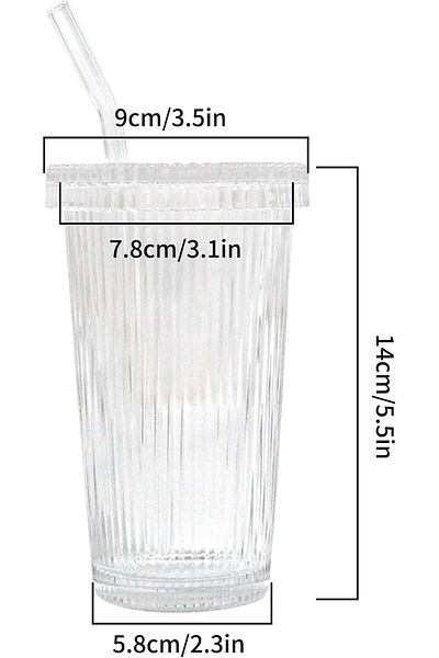 Generic Sagreeny Ribbed Glass Cups Set - 2 Pack With Matching Lids and Straws, Transparent Stripe Tumbler f