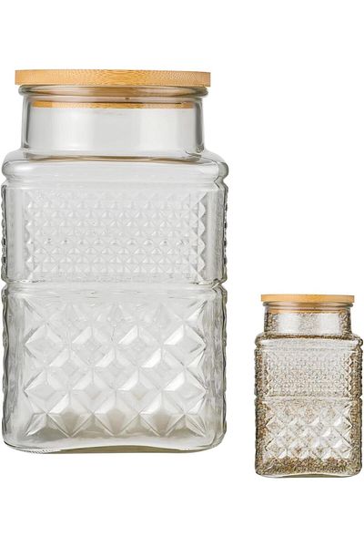 Generic Excefore 1800 ML Vintage Glass Airtight Storage Jar with Square Shape and Bamboo Lid, Embossed Cani