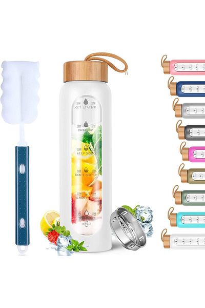 Generic HOOKOR Borosilicate Glass Water Bottle with Time Marker, 32oz Leak Proof Motivational Water Bottle