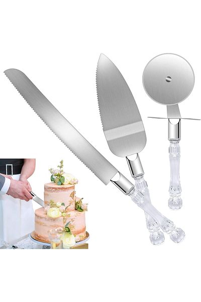 Generic Khazna Cake Cutter and Server Set, 3 Pcs Cake Cutting Set with Pizza Cutter Wheel, Cake Serving Set