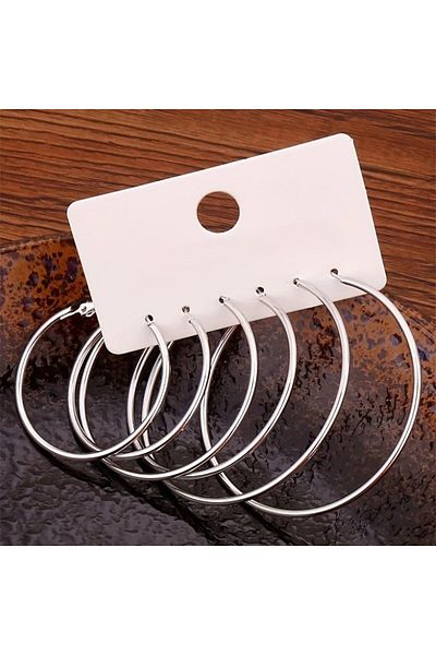 Tasarım Steel Earrings 3-Piece Large Hoop 2 mm Thickness 3-4-5 cm Length Silver Silver