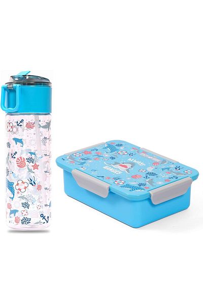 Generic Eazy Kids Lunch Box and Tritan Water Bottle w/Snack Box, Shark - Blue, 450ml