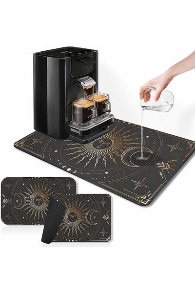 Generic Coffee Mat for Countertops, Black Gold Sun Moon Boho Dish Drying Mat 2 Pcs for Kitchen Coffee Bar A