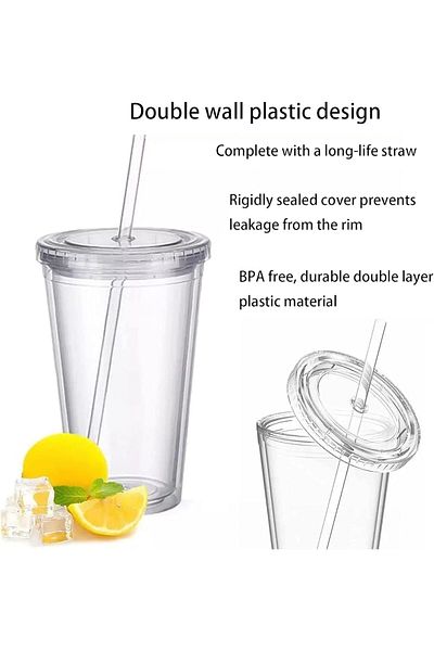 Generic Plastic Mug Reusable, Double Wall Transparent Drinking Cup With Straw, Reusable Mug Suitable For Fr